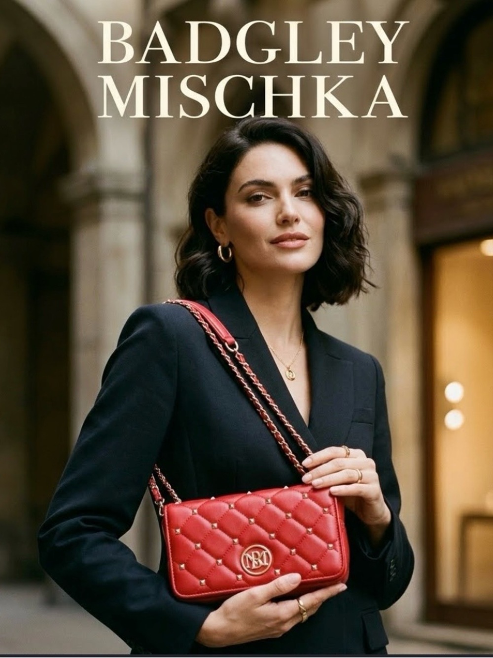 Badgley Mischka Red Quilted Studded Clutch with Gold Logo